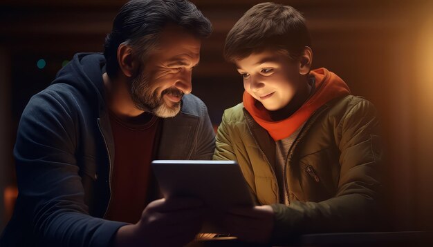 Un homme et un garçon regardent une tablette ensemble.