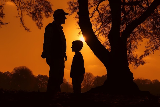 Un homme et un garçon se tiennent devant un arbre avec le soleil derrière eux.