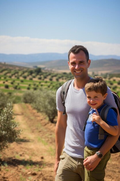 un homme et un garçon sourient et tiennent un sac à dos