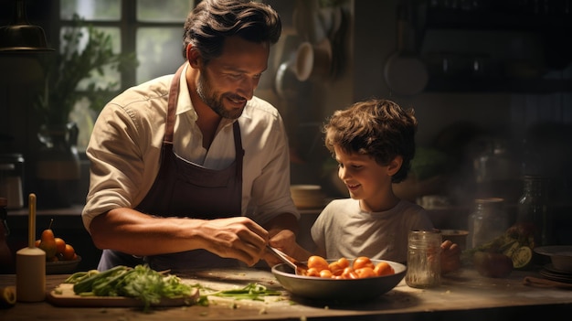 Un homme et un garçon travaillent ensemble dans une cuisine à préparer de la nourriture avec concentration et joie.
