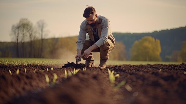 Photo un homme à genoux dans le champ un moment serein de réflexion et de connexion avec la nature printemps