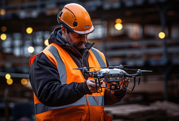 un homme en gilet orange et un casque tenant un drone