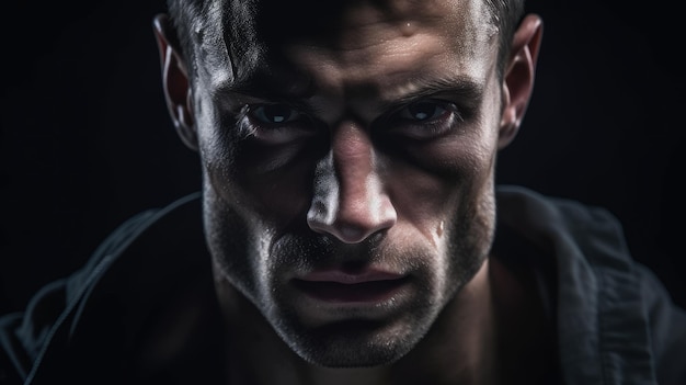 un homme avec des gouttes d'eau sur le visage