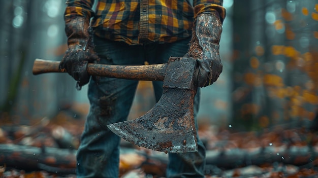 Un homme avec une grande hache dans la forêt