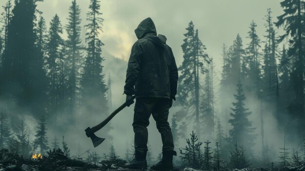 Un homme avec une grande hache dans la forêt