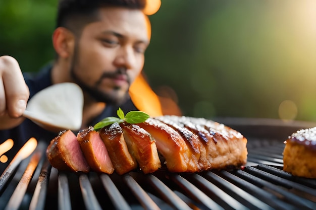 Photo homme grillant de la viande sur un grill avec un homme regardant la caméra