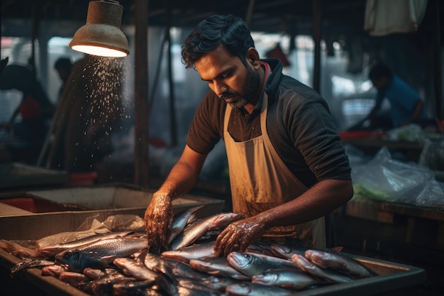 Un homme grille habilement du poisson frais sur un stand de marché animé. Vendeur de poisson cueillant du poisson sur le marché du poisson.