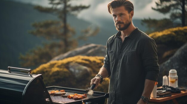 Photo un homme grille des hot-dogs sur un gril en plein air