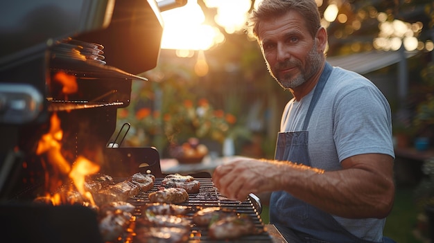 Un homme grille de la viande sur un gril à gaz moderne le soir d'été