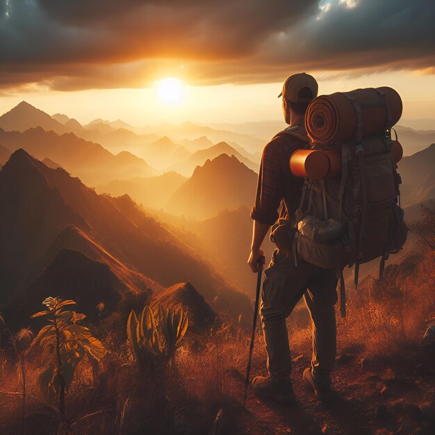 Un homme grimpant dans les montagnes avec un sac à dos dans un casque regardant la rivière au coucher du soleil