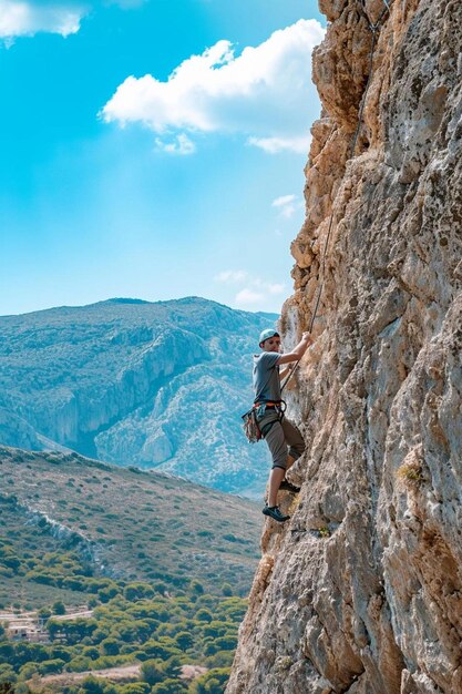 Photo un homme grimpant sur le flanc d'une montagne