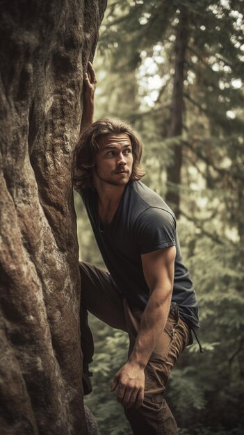 Un homme grimpe à un arbre dans les bois.