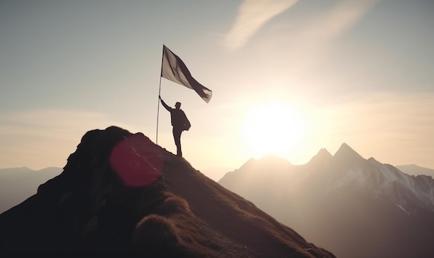 L'homme grimpe la montagne avec le drapeau comme symbole du succès et de la réussite de l'entreprise