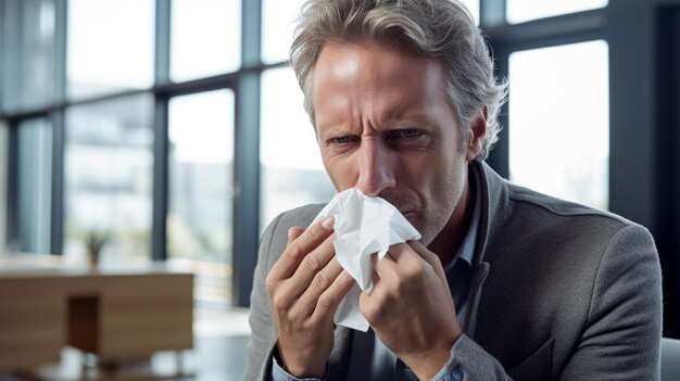 Un homme avec une grippe nasale qui coule ou un nez bouché est malade et inconfortable