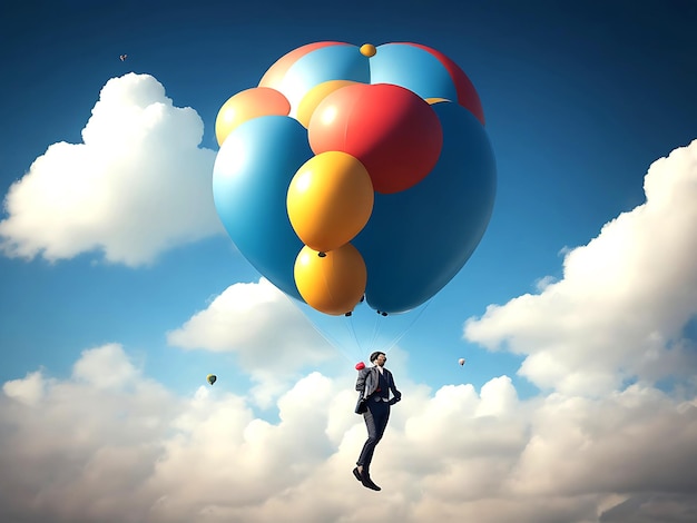 homme avec gros ballon voler dans le ciel