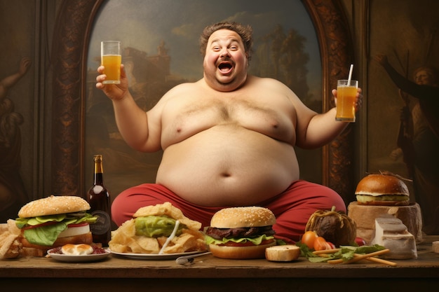 L'homme gros mange du hamburger et boit du soda Prendre soin de la nourriture Générer Ai