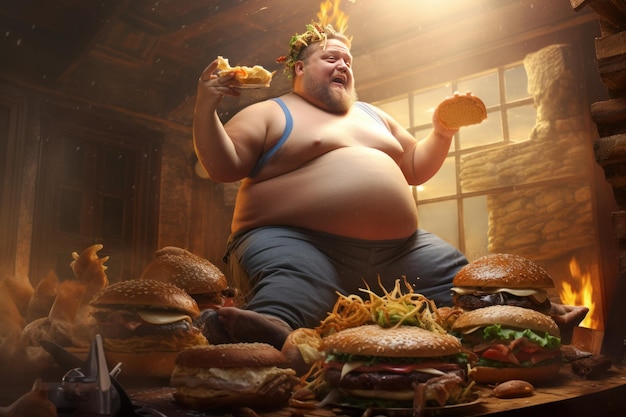 L'homme gros mange un hamburger et fait du yoga Mangez vite Générez Ai