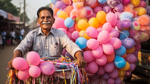Un homme avec un groupe de ballons colorés assis sur un chariot
