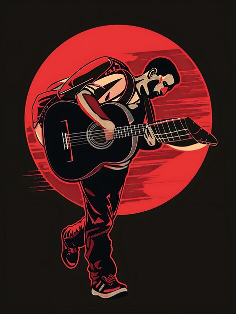 un homme avec une guitare et une lune rouge en arrière-plan