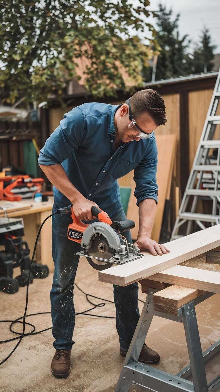 Photo un homme habile coupe une planche avec une scie circulaire électrique dans le jardin.
