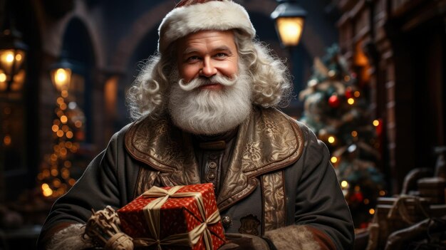 Homme habillé en Père Noël avec un cadeau dans les mains Idée de carte postale pour les fêtes de Noël et les carnavals