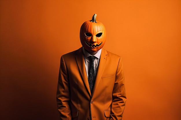 Homme avec Halloween Jack o Lantern tête de citrouille portant un costume orange et une cravate noire sur fond orange Concept de célébration du jour des morts carnaval de costumes bizarres Image générée avec AI