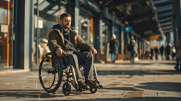 Photo homme handicapé en fauteuil roulant dans la rue de la ville