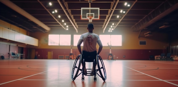 Un homme handicapé en fauteuil roulant joue au basket-ball sur un terrain de basket-ball intérieur