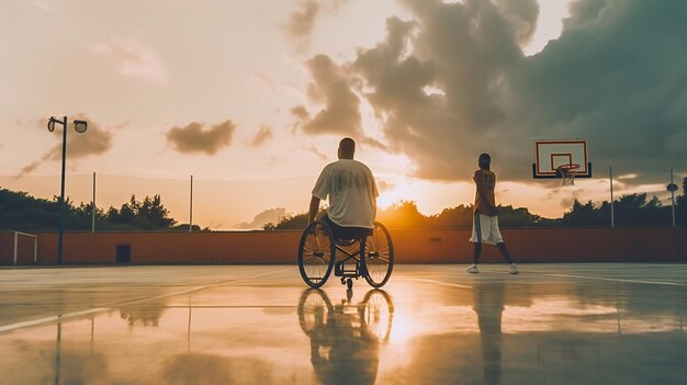 Un homme handicapé en fauteuil roulant joue au basket sur un terrain de basket