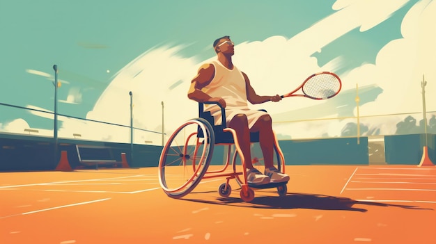 Un homme handicapé en fauteuil roulant joue au tennis sur un terrain de tennis
