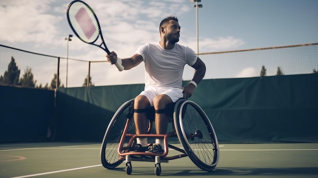Un homme handicapé en fauteuil roulant joue au tennis sur un terrain de tennis