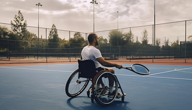 Photo un homme handicapé en fauteuil roulant joue au tennis sur un terrain de tennis