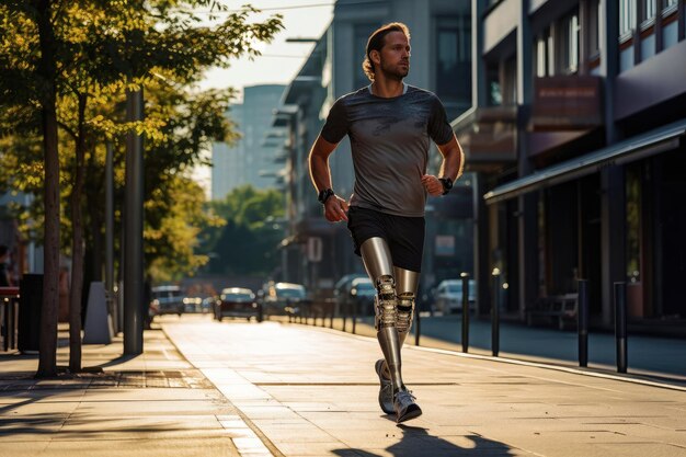 Photo un homme handicapé avec une jambe prothétique court dans la ville.