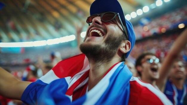 Un homme heureux agitant un drapeau avec un sourire et un chapeau AIG41