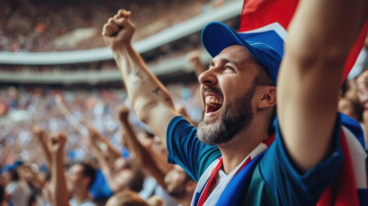 Photo un homme heureux agitant un drapeau avec un sourire et un chapeau aig