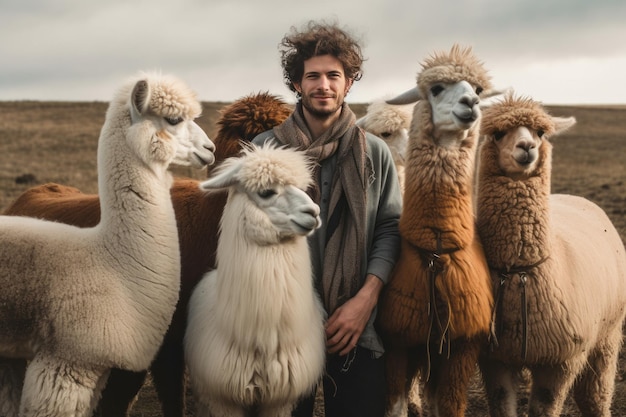 homme heureux avec des alpagas