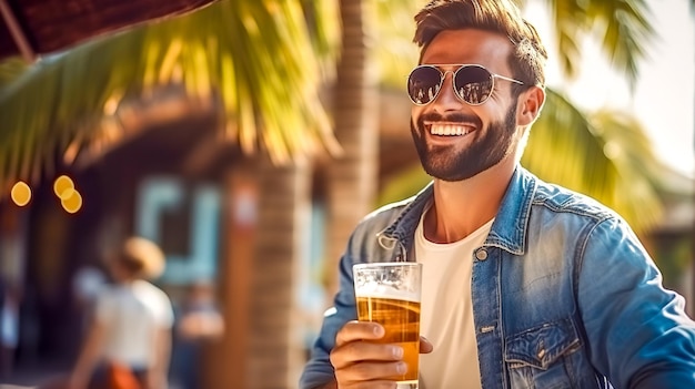 Homme heureux et beau souriant avec un verre de bière sur la plage fait avec l'IA générative