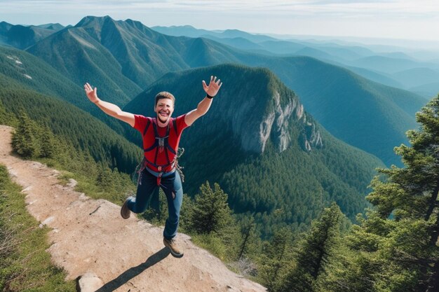 Un homme heureux avec les bras levés sautant sur le sommet de la montagne un randonneur réussi célébrant le succès