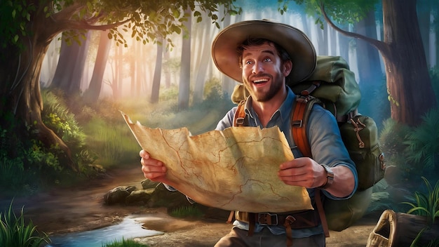 Un homme heureux en camping dans la forêt tenant la carte