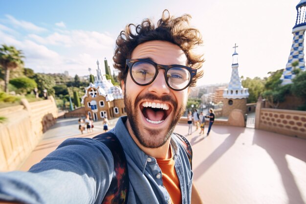 Un homme heureux avec un chapeau et des lunettes de soleil prenant un selfie avec son smartphone à la plage