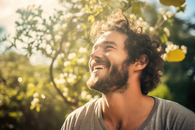 homme heureux dans le jardin au soleil