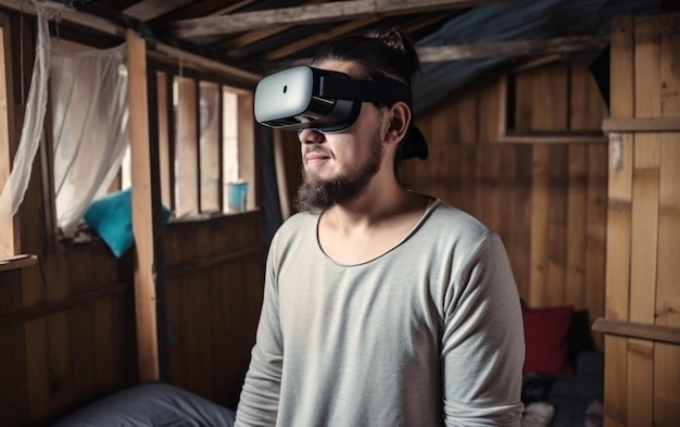 Un homme heureux dans des lunettes de réalité virtuelle dans les bidonvilles et le désordre s'échappe du concept de vie virtuelle de la réalité