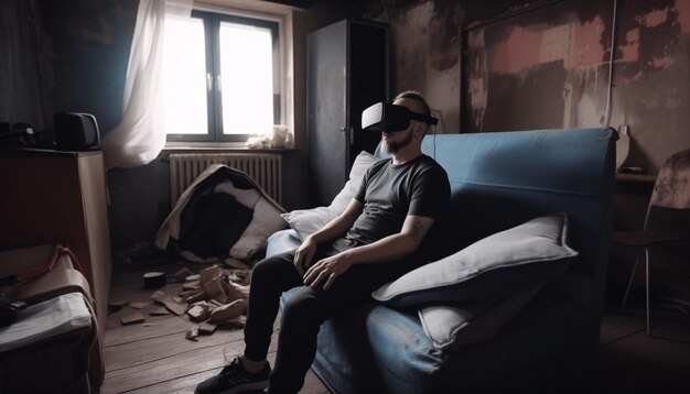 Homme heureux dans des lunettes de réalité virtuelle dans un désordre dans une chambre à la maison s'échapper de la réalité de la vie virtuelle co