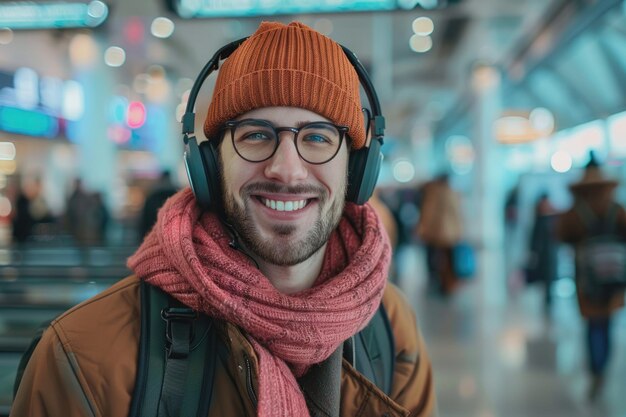 homme heureux dans des vêtements confortables et des écouteurs dans l'aéroport en utilisant un smartphone généré par l'IA