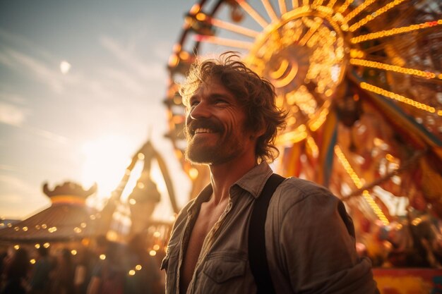 Photo un homme heureux debout dans le parc d'attractions