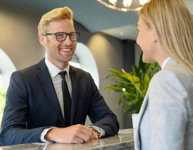 Photo un homme heureux, directeur d'hôtel, parlant à une femme invitée à la réception.