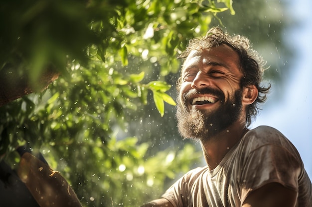 Un homme heureux éclaircit et taille un arbre avec l'IA générative