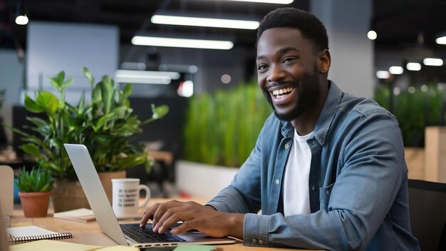 Un homme heureux écrivant un courrier positif à un client.