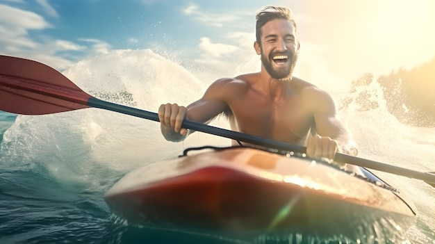 Homme heureux et excité faisant du petit bateau à travers les vagues