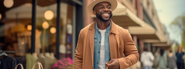 Photo un homme heureux marche dans la rue avec des sacs en faisant du shopping.